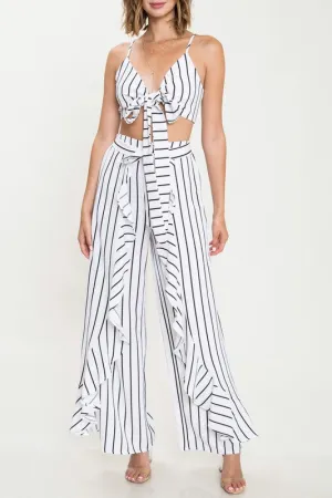 Elegant Ruffle High Waisted White Marine Pants