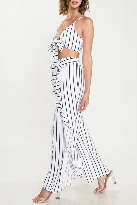 Elegant Ruffle High Waisted White Marine Pants