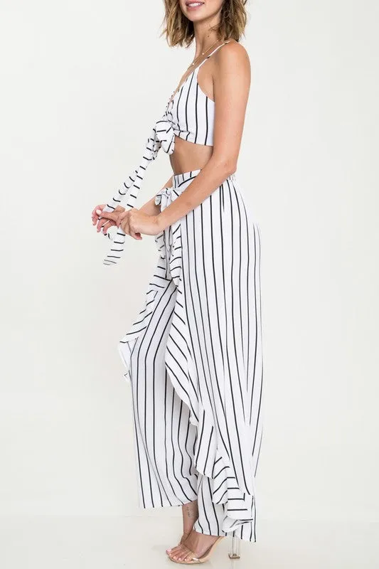 Elegant Ruffle High Waisted White Marine Pants