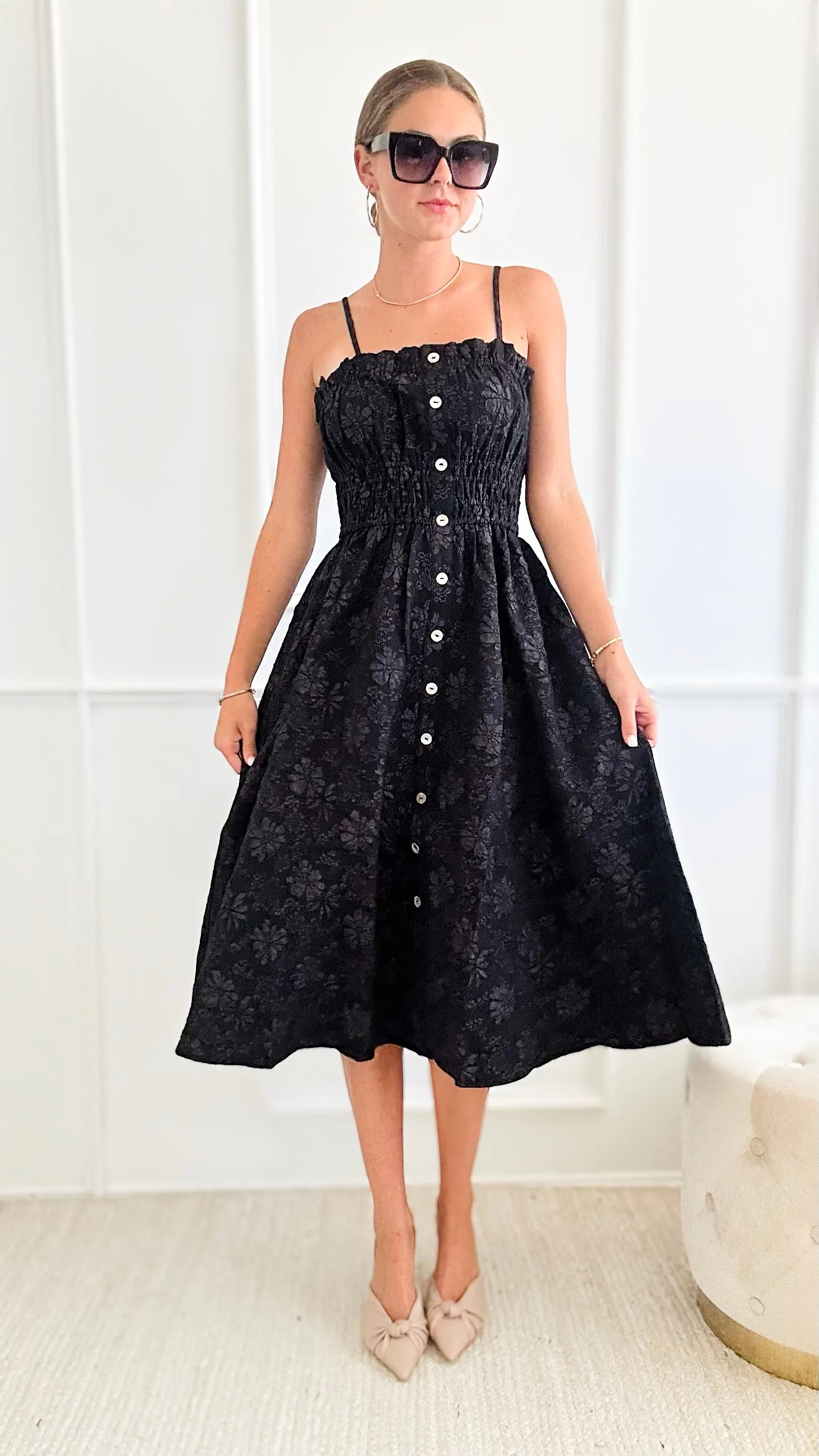 Floral Sleeveless Midi Dress - Black