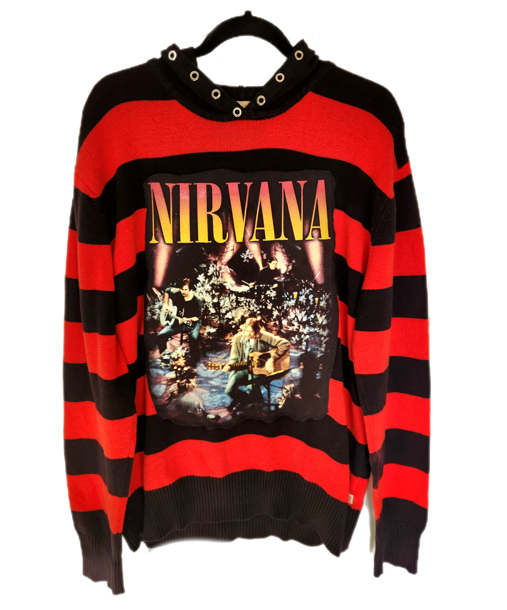 Gender neutrel striped hooded Rock Grunge sweater- Mens L