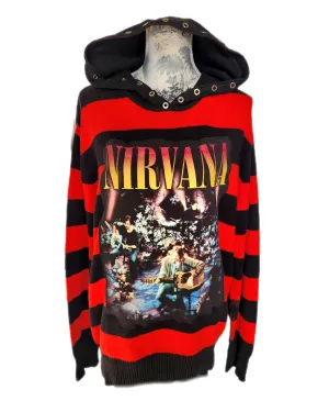 Gender neutrel striped hooded Rock Grunge sweater- Mens L