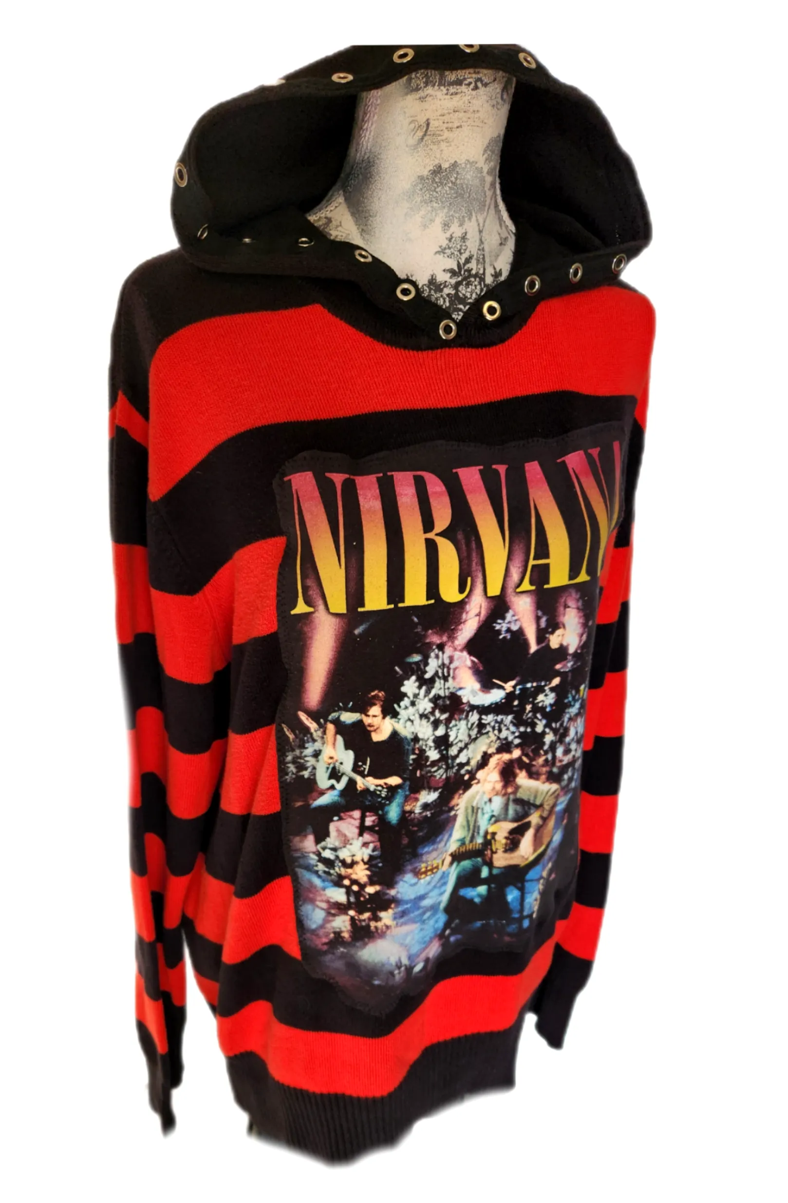 Gender neutrel striped hooded Rock Grunge sweater- Mens L
