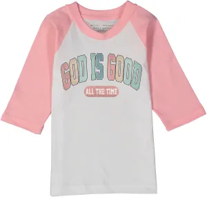 God is Good all the time Pink Raglan Christian Tee for Girls