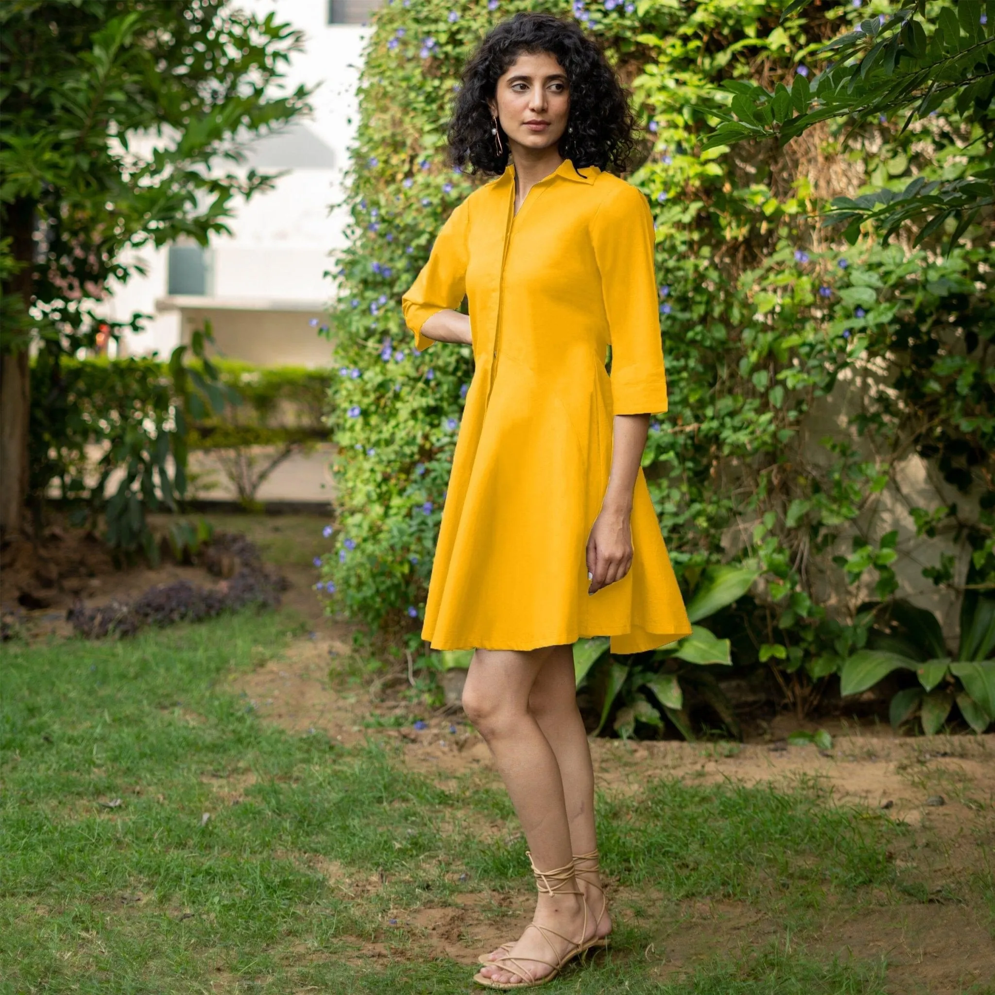 Golden Yellow Cotton Poplin Fit and Flare Short Button-Down Shirt Dress