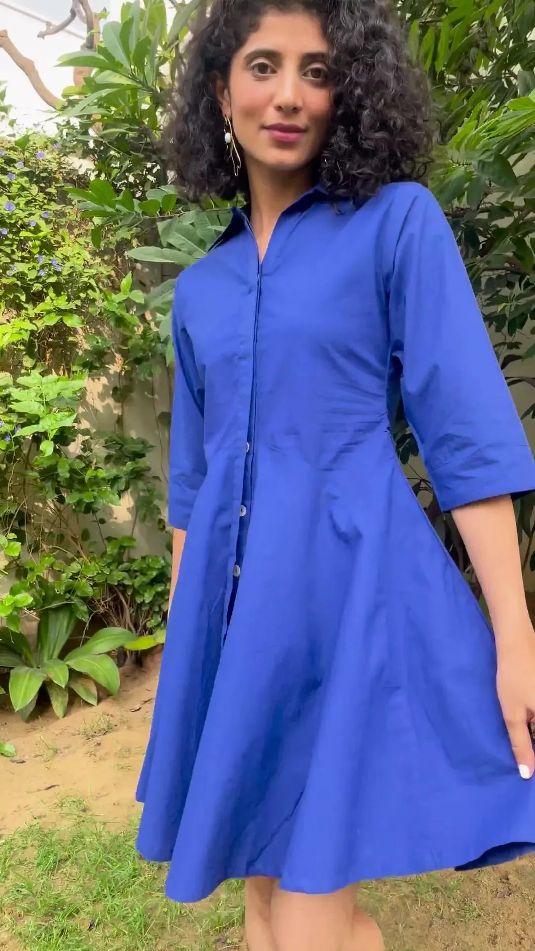 Golden Yellow Cotton Poplin Fit and Flare Short Button-Down Shirt Dress