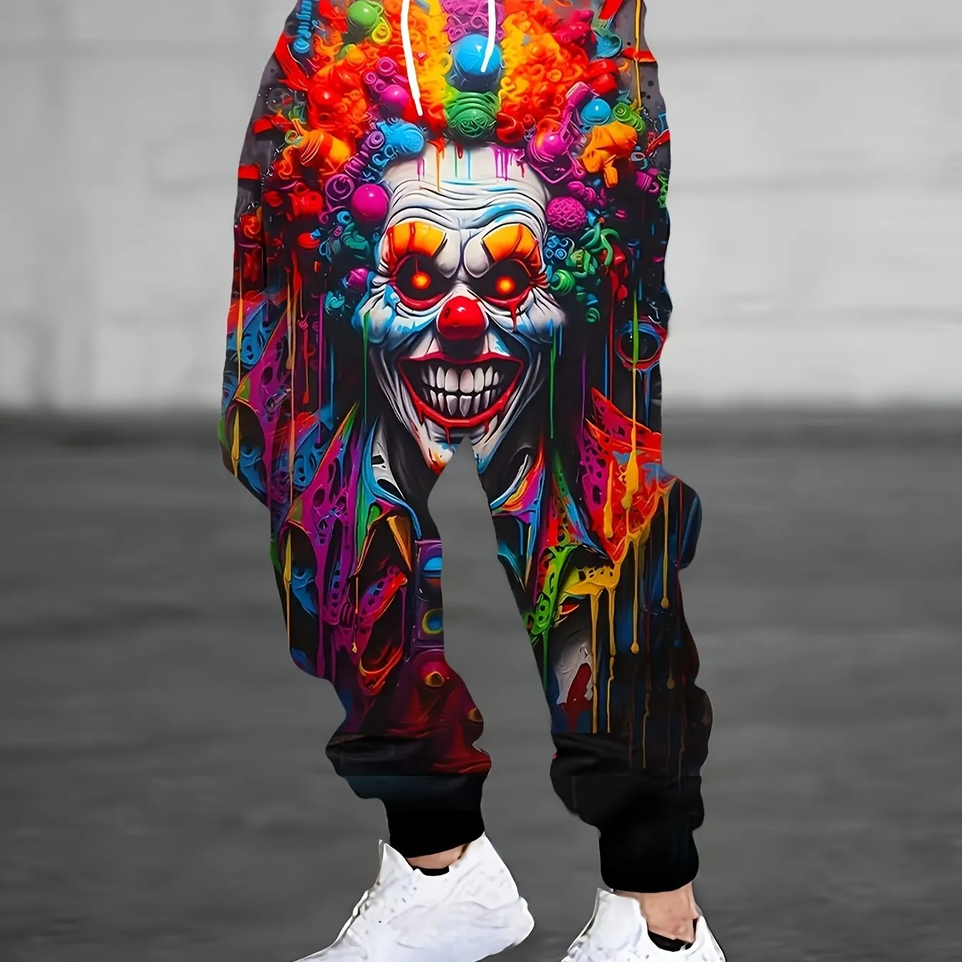Graffiti Style Clown And Paint Mark Pattern Men's Regular Fit And Cuffed Sweatpants With Drawstring And Pockets, Stylish And Trendy Trousers Suitable For Street And Sports Wear