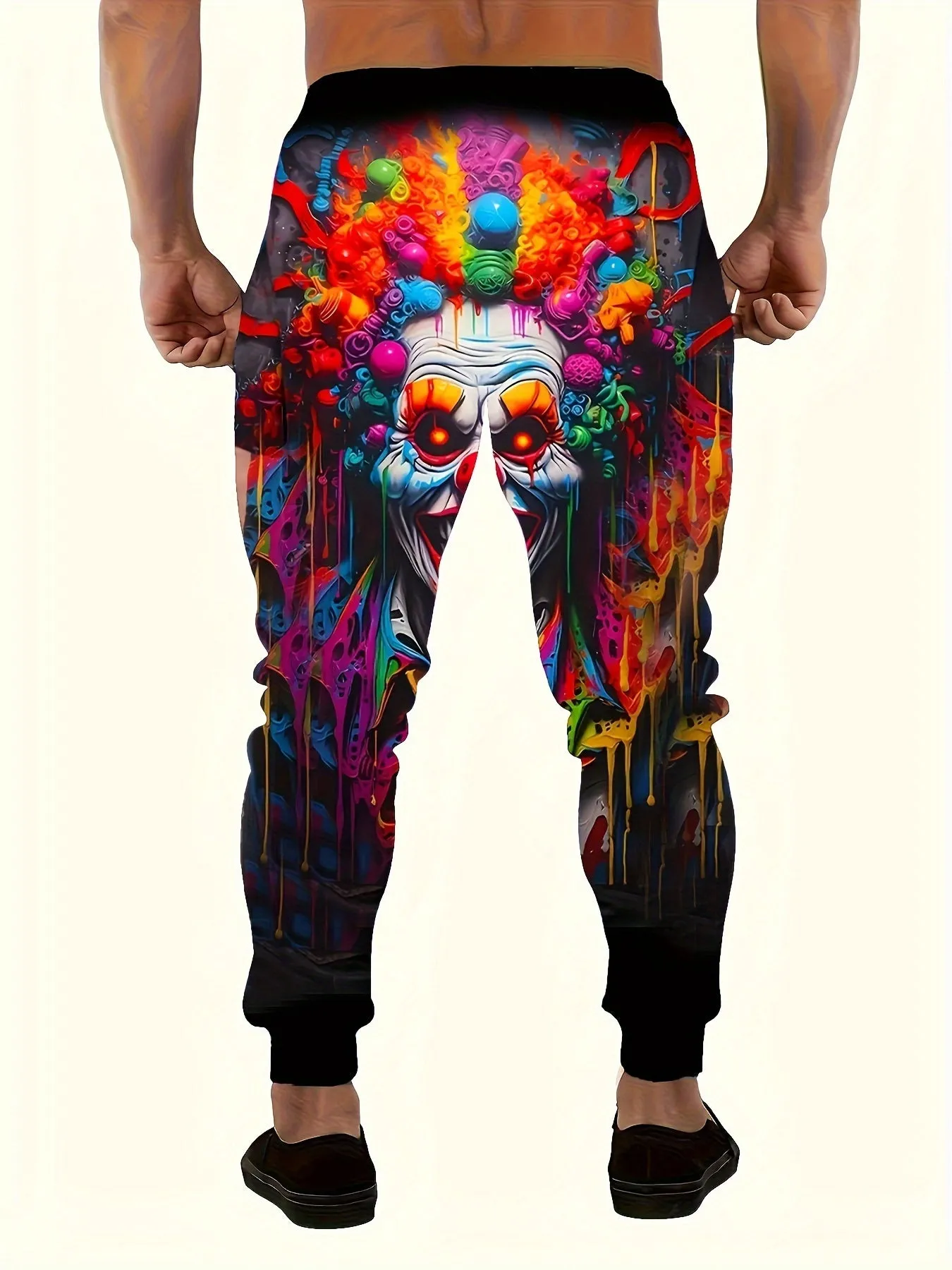 Graffiti Style Clown And Paint Mark Pattern Men's Regular Fit And Cuffed Sweatpants With Drawstring And Pockets, Stylish And Trendy Trousers Suitable For Street And Sports Wear