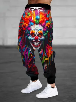 Graffiti Style Clown And Paint Mark Pattern Men's Regular Fit And Cuffed Sweatpants With Drawstring And Pockets, Stylish And Trendy Trousers Suitable For Street And Sports Wear