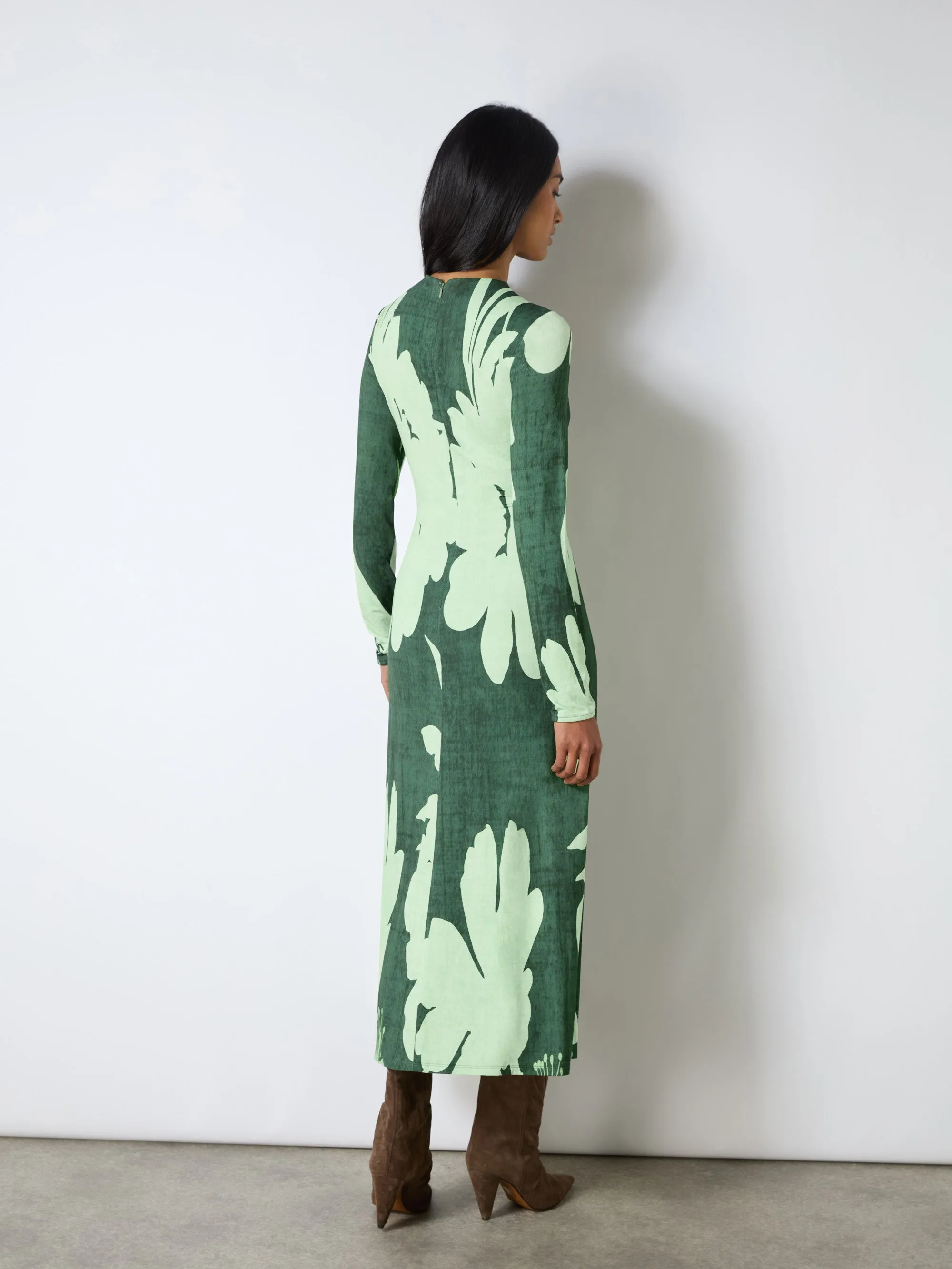 Green Floral Print Jersey Ruched Front Dress