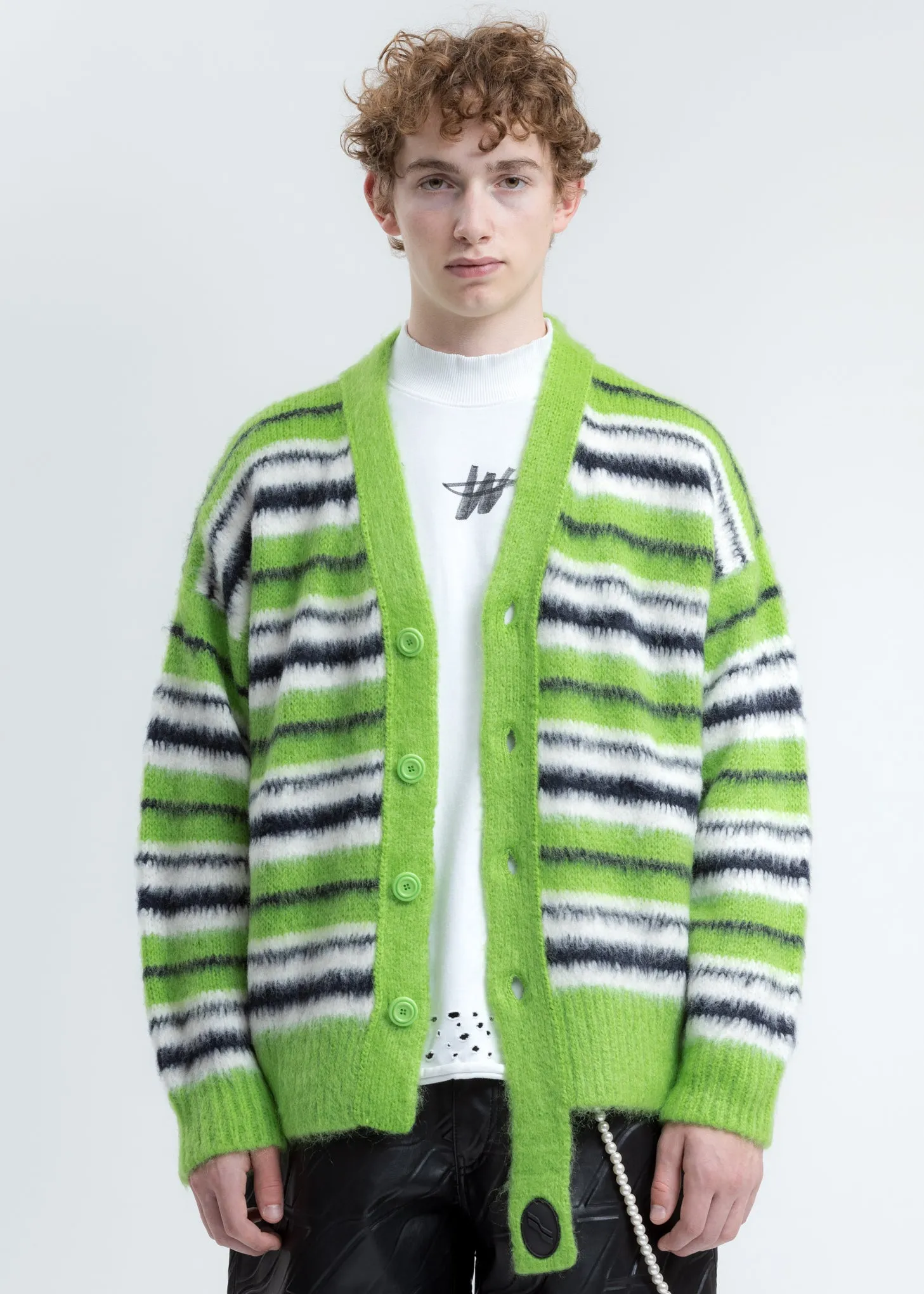 Green Mohair Stripe Knit Cardigan