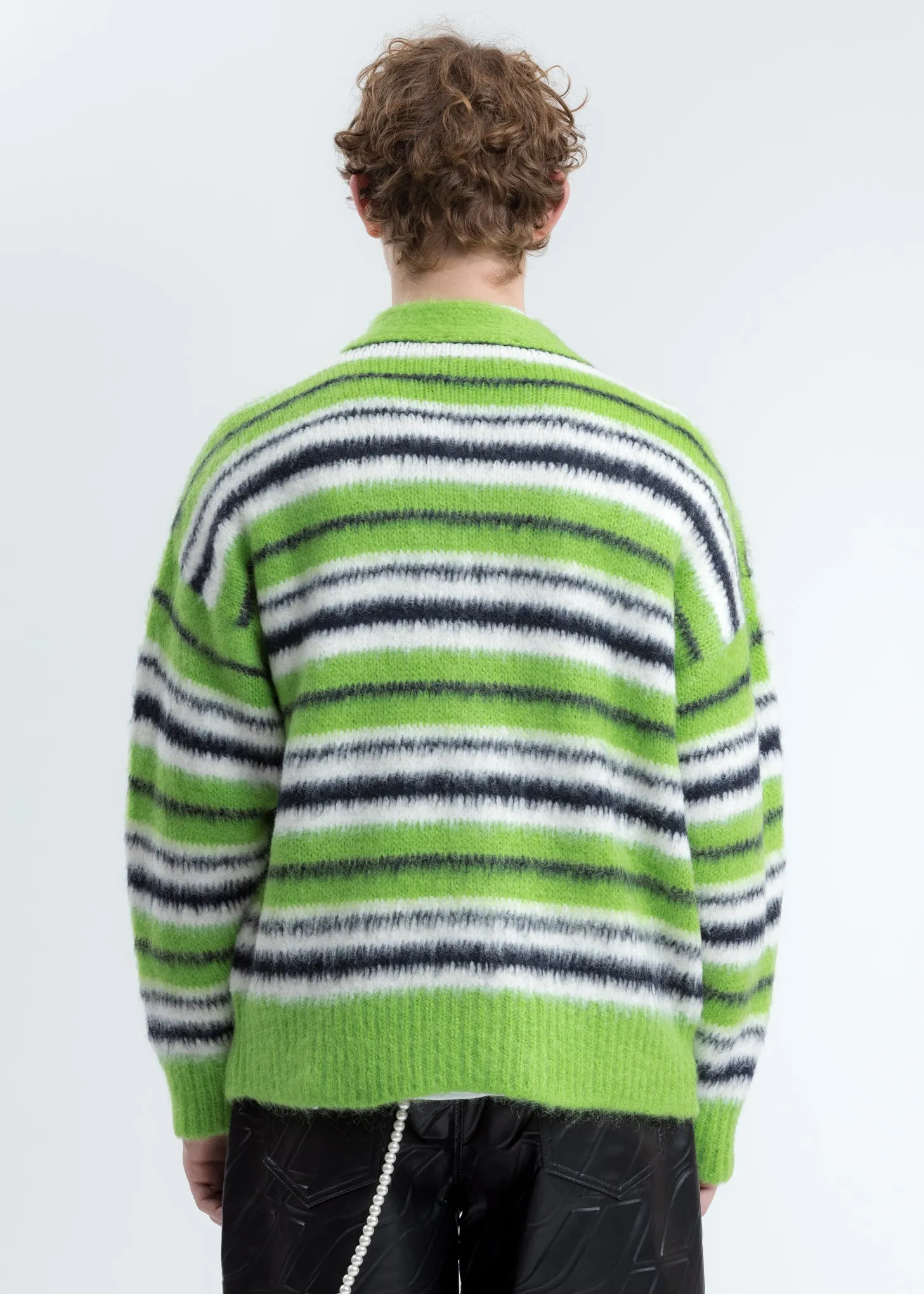 Green Mohair Stripe Knit Cardigan