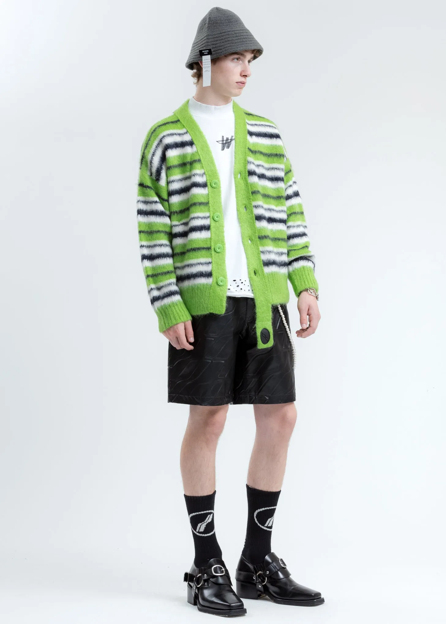 Green Mohair Stripe Knit Cardigan