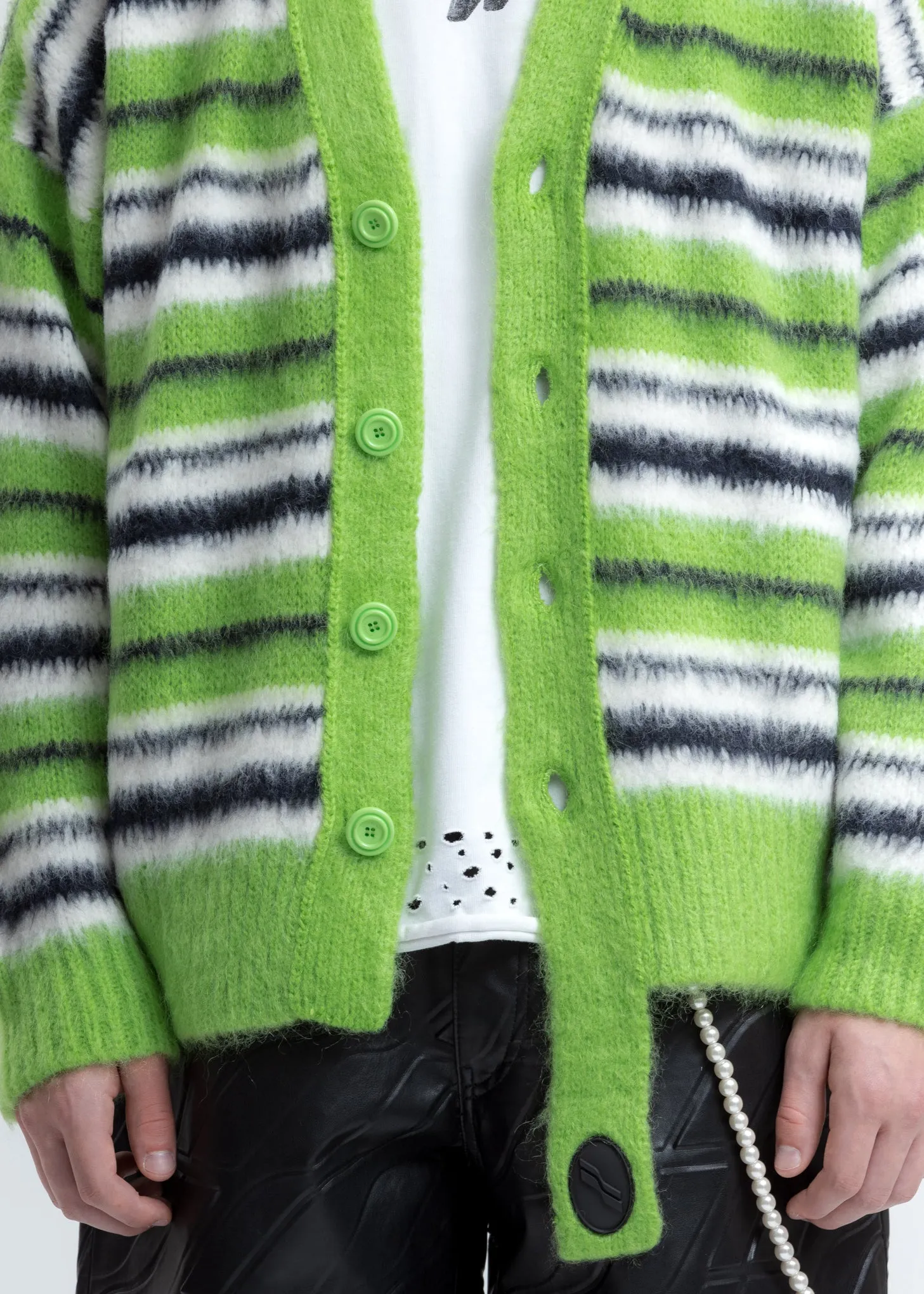 Green Mohair Stripe Knit Cardigan