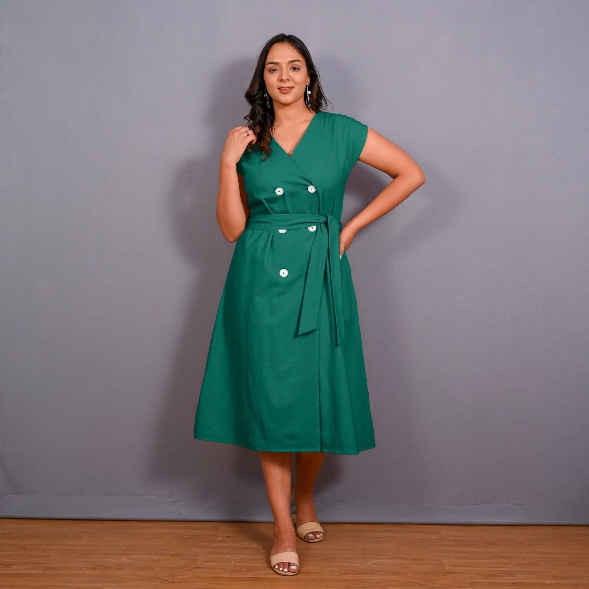 Green Warm Cotton Flannel Button-Down A-Line Midi Dress