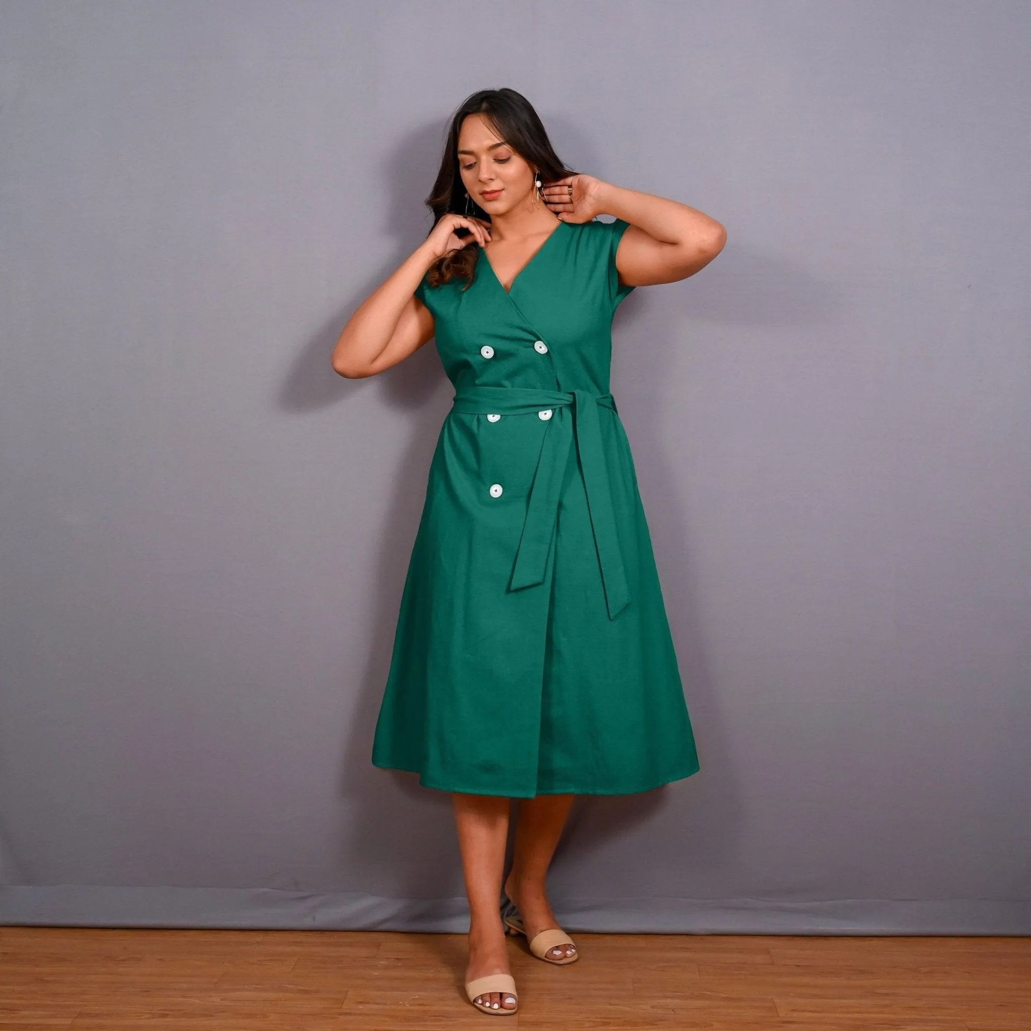 Green Warm Cotton Flannel Button-Down A-Line Midi Dress