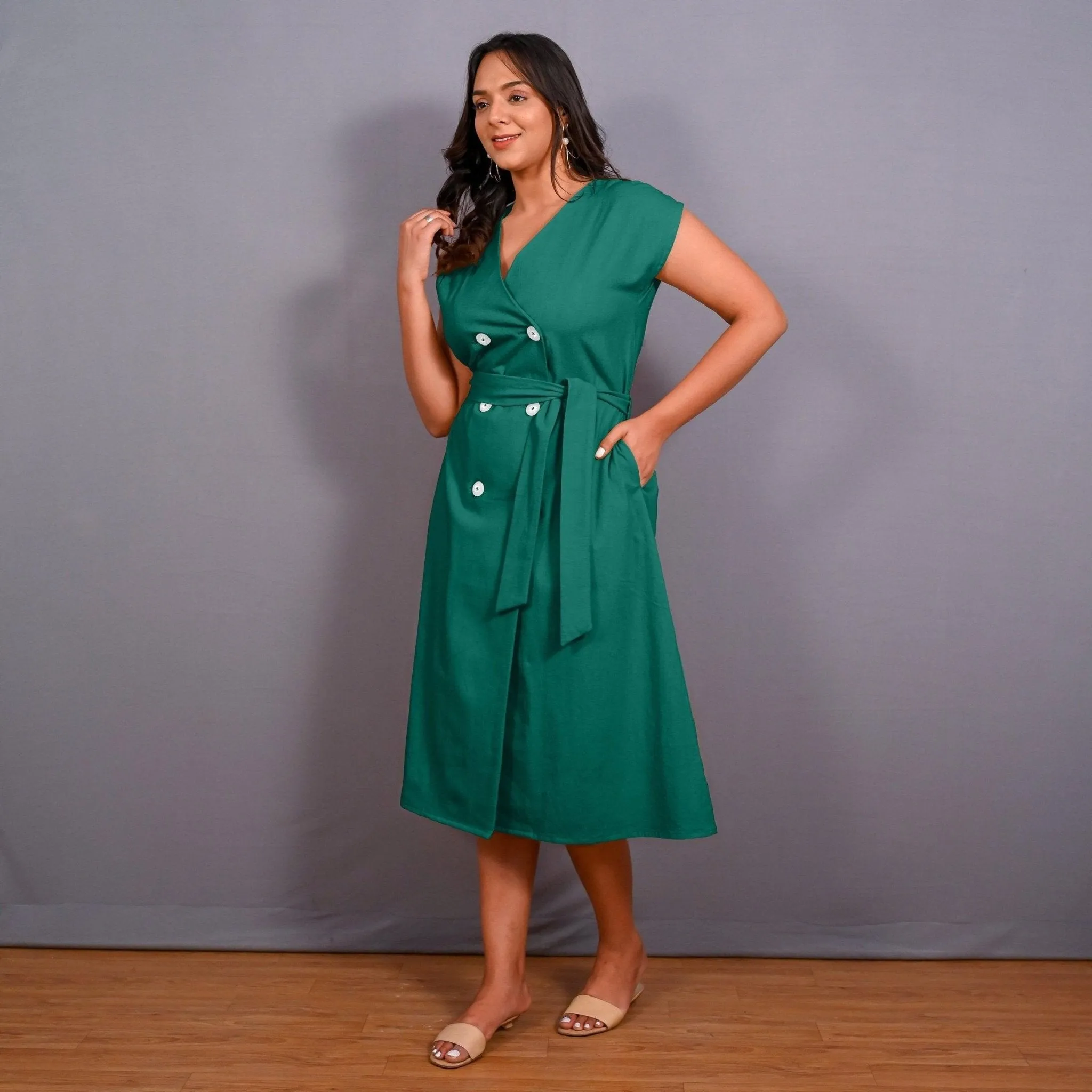 Green Warm Cotton Flannel Button-Down A-Line Midi Dress