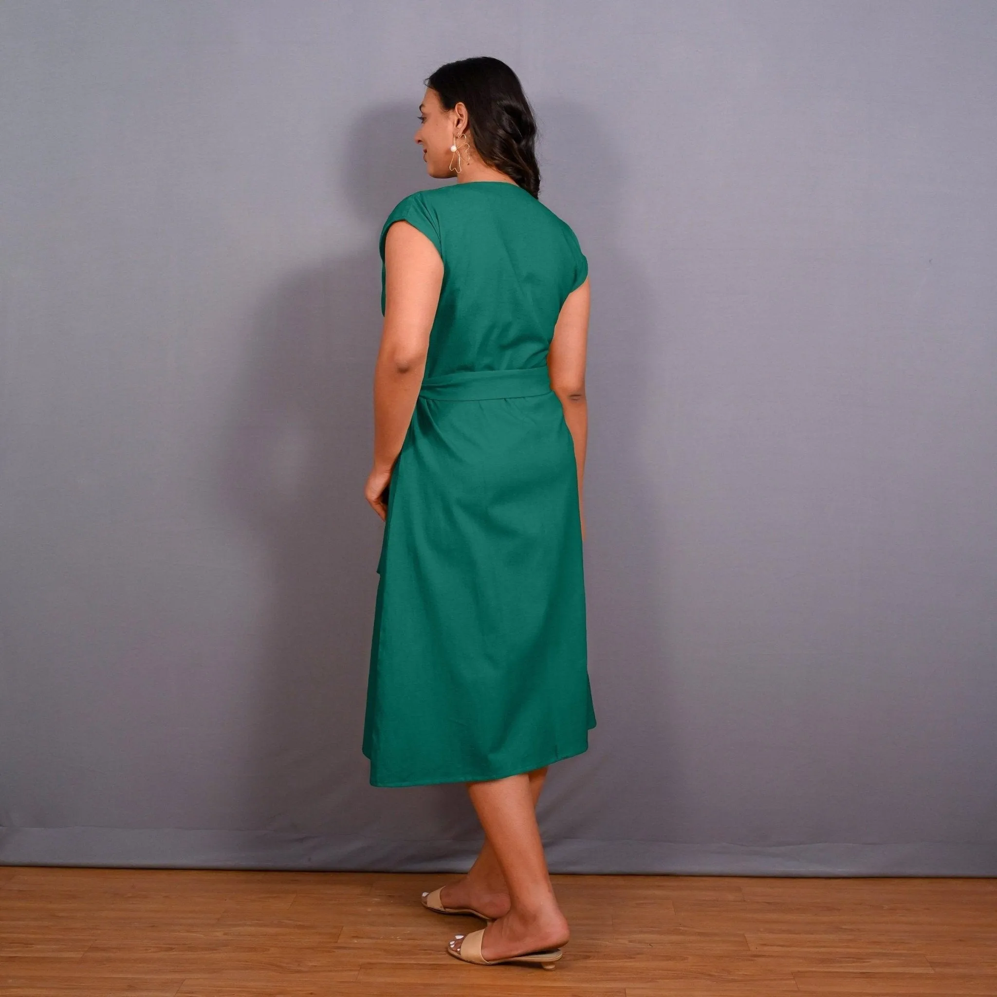 Green Warm Cotton Flannel Button-Down A-Line Midi Dress