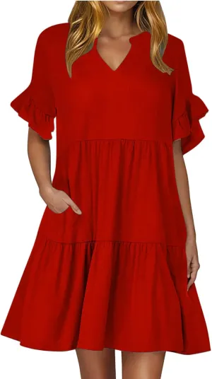 hlysgo Dresses for Women 2025 Casual Loose Fit Ruffled Short Sleeve V Neck Mini Dress Summer Short Beach Dress with Pockets