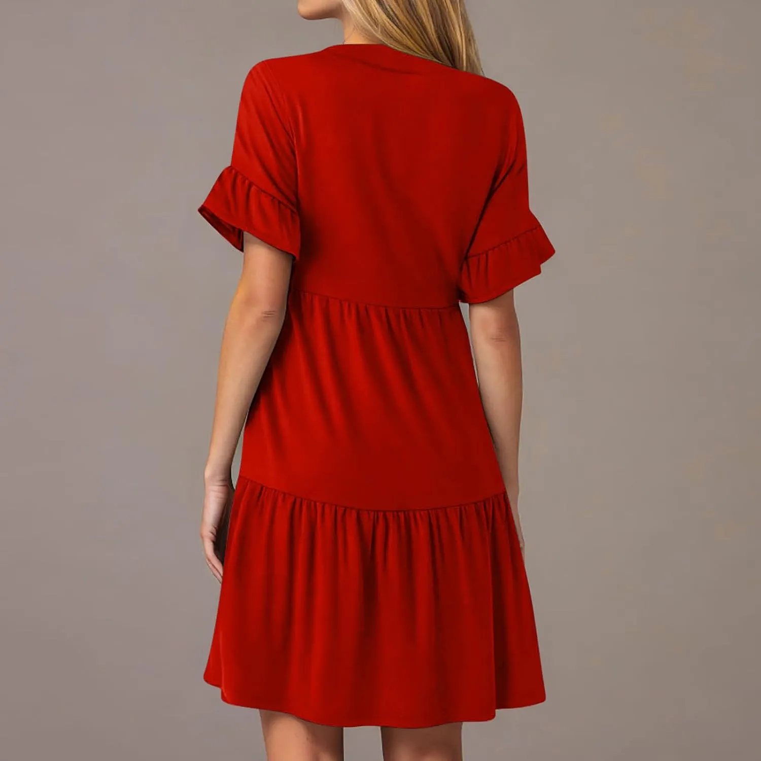 hlysgo Dresses for Women 2025 Casual Loose Fit Ruffled Short Sleeve V Neck Mini Dress Summer Short Beach Dress with Pockets