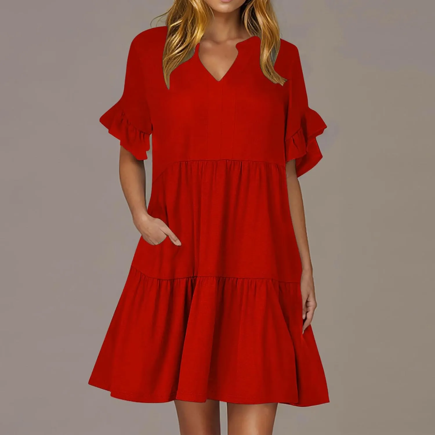 hlysgo Dresses for Women 2025 Casual Loose Fit Ruffled Short Sleeve V Neck Mini Dress Summer Short Beach Dress with Pockets