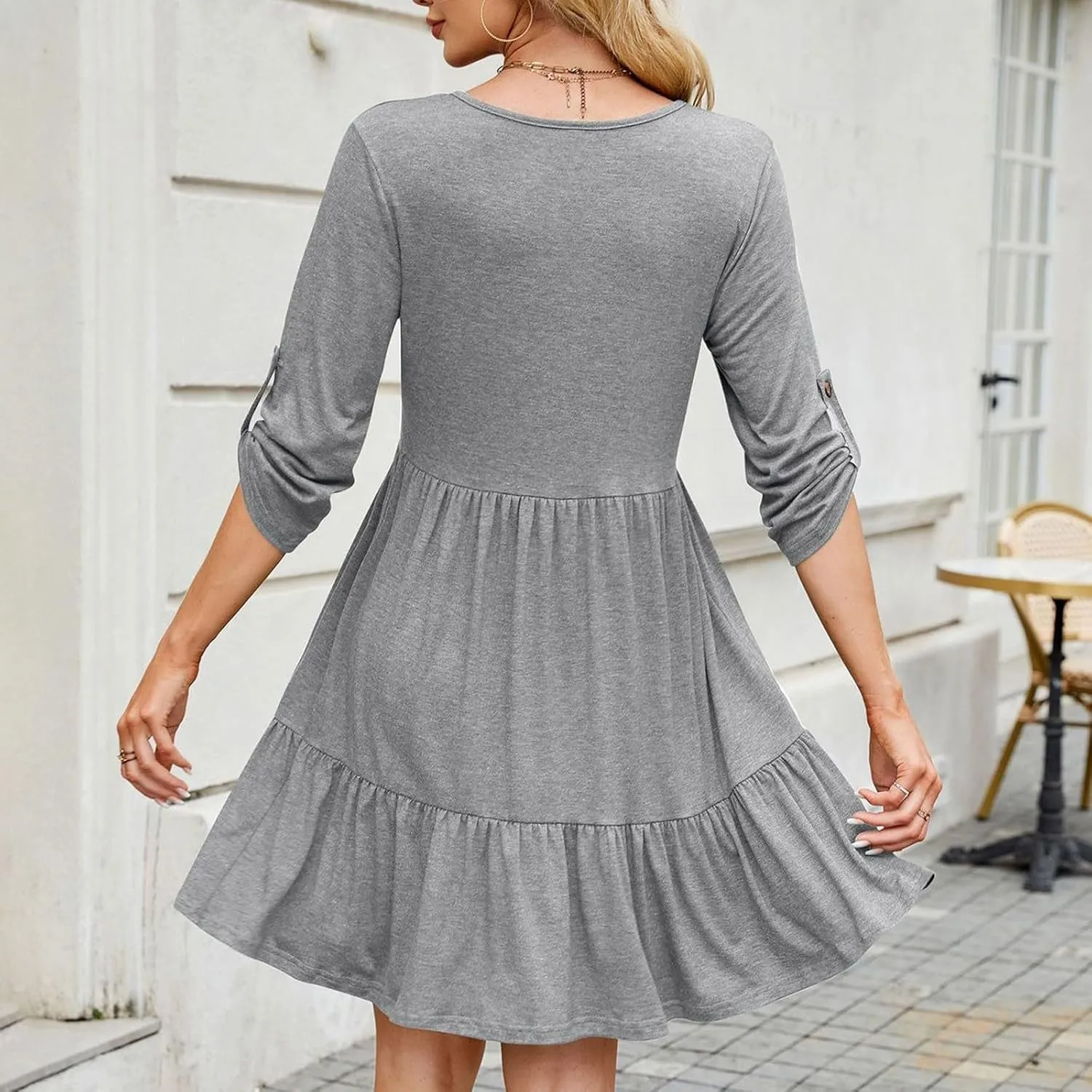 hlysgo Spring Dresses for Women V Neck Casual Mini Dress Solid Roll Up 3/4 Length Sleeve Ruffle Flowy Short Dress