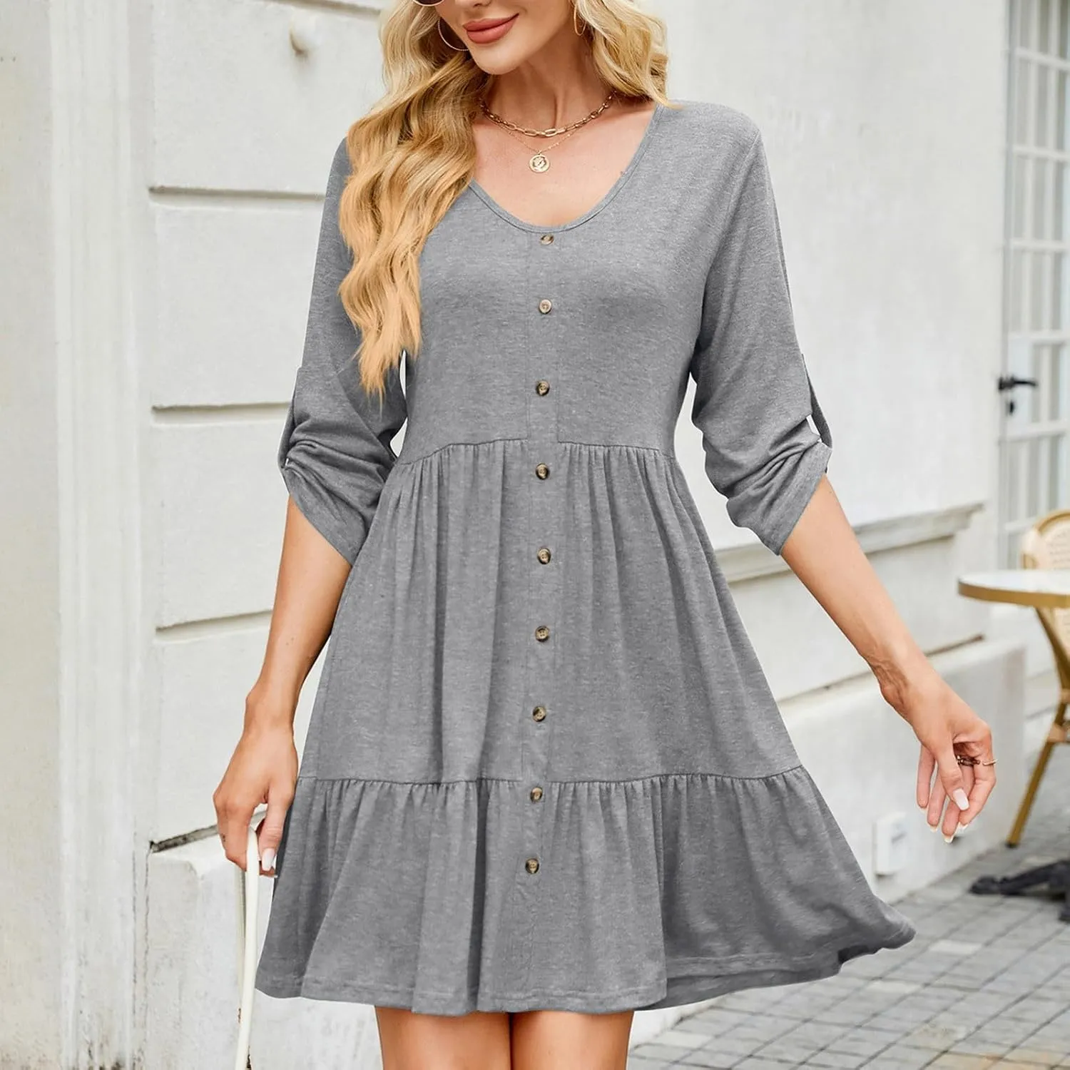 hlysgo Spring Dresses for Women V Neck Casual Mini Dress Solid Roll Up 3/4 Length Sleeve Ruffle Flowy Short Dress