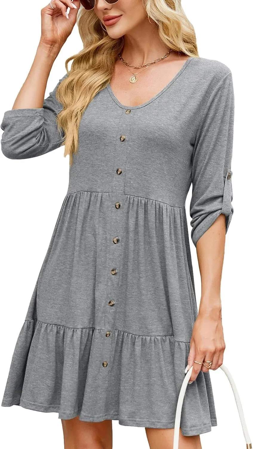 hlysgo Spring Dresses for Women V Neck Casual Mini Dress Solid Roll Up 3/4 Length Sleeve Ruffle Flowy Short Dress