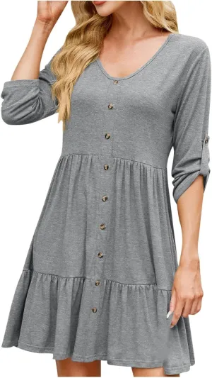 hlysgo Spring Dresses for Women V Neck Casual Mini Dress Solid Roll Up 3/4 Length Sleeve Ruffle Flowy Short Dress