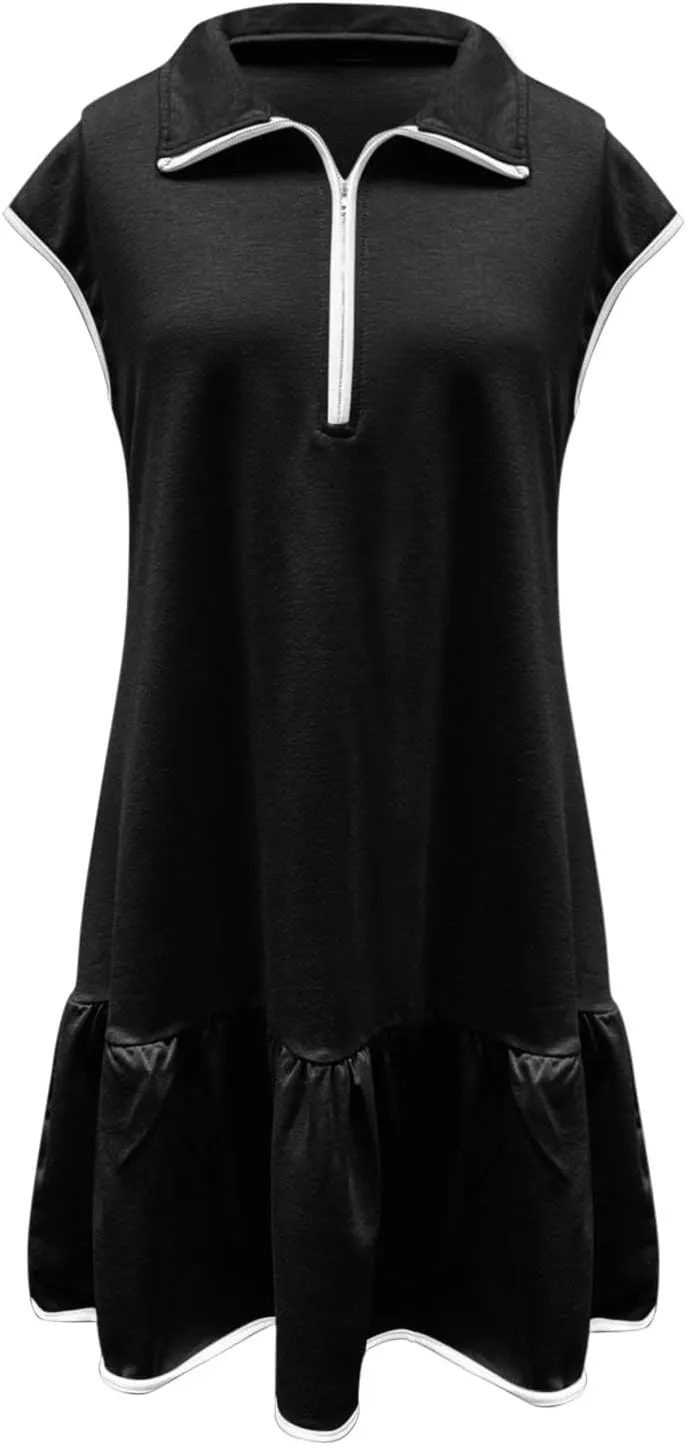 hlysgo Womens Casual Dresses 2025 Summer Ruffled Hem A-Line Flowy Beach Dress Trendy Half Zip Short Sleeve V Neck Mini Dress