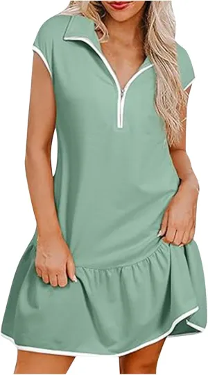 hlysgo Womens Casual Dresses 2025 Summer Ruffled Hem A-Line Flowy Beach Dress Trendy Half Zip Short Sleeve V Neck Mini Dress