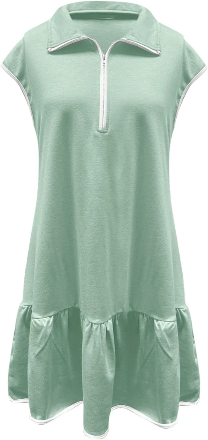 hlysgo Womens Casual Dresses 2025 Summer Ruffled Hem A-Line Flowy Beach Dress Trendy Half Zip Short Sleeve V Neck Mini Dress