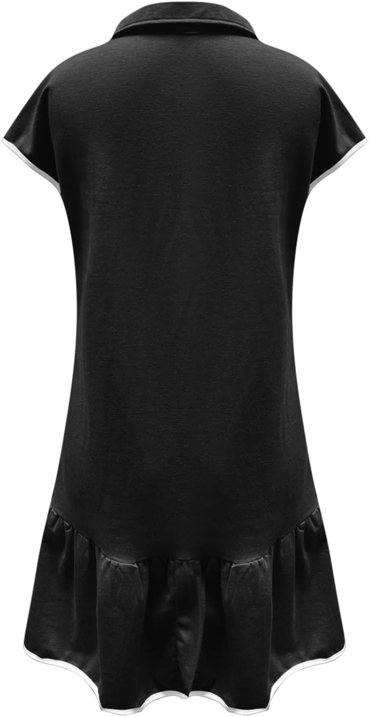 hlysgo Womens Casual Dresses 2025 Summer Ruffled Hem A-Line Flowy Beach Dress Trendy Half Zip Short Sleeve V Neck Mini Dress