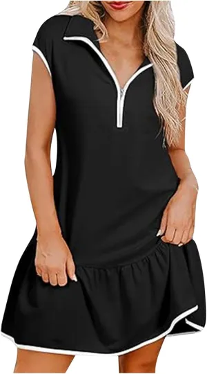 hlysgo Womens Casual Dresses 2025 Summer Ruffled Hem A-Line Flowy Beach Dress Trendy Half Zip Short Sleeve V Neck Mini Dress