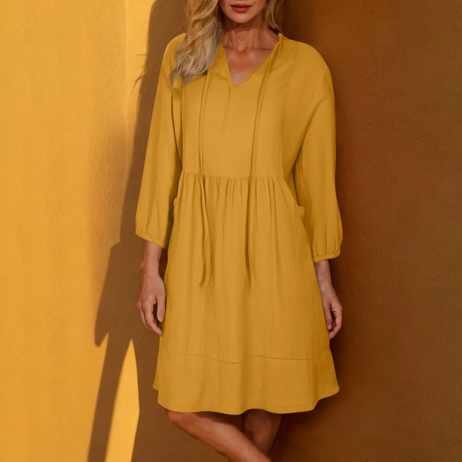 hlysgo Women's Mini Dress with Pockets 2025 Summer Casual 3/4 Sleeve V Neck Short Dress Trendy Knee Length Going Out Dresses