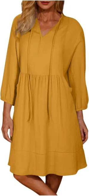 hlysgo Women's Mini Dress with Pockets 2025 Summer Casual 3/4 Sleeve V Neck Short Dress Trendy Knee Length Going Out Dresses