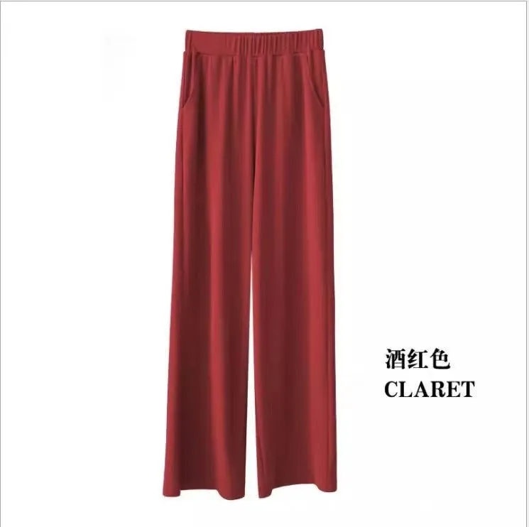 Ice Silk Wide Leg Pants Women Summer High Waist Drape Slim-Look Loose Thin Floor Length Casual Straight Long Pants