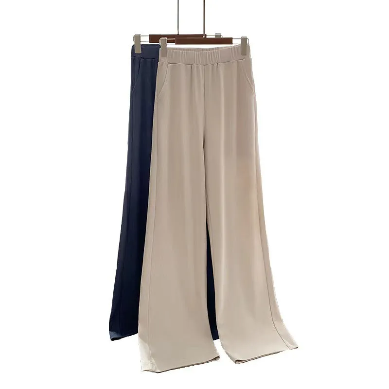 Ice Silk Wide Leg Pants Women Summer High Waist Drape Slim-Look Loose Thin Floor Length Casual Straight Long Pants