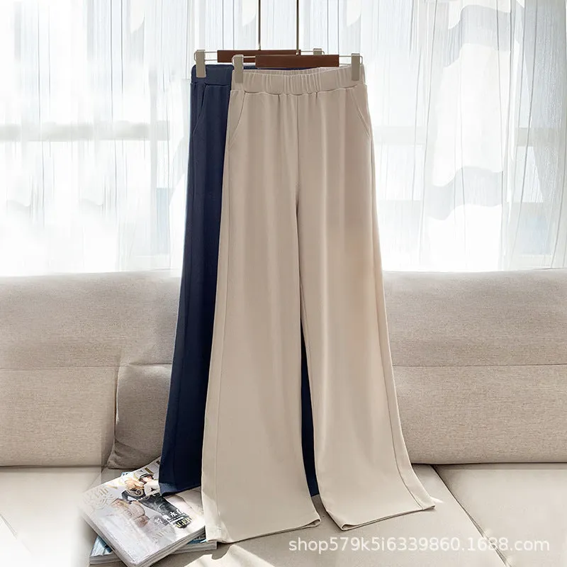 Ice Silk Wide Leg Pants Women Summer High Waist Drape Slim-Look Loose Thin Floor Length Casual Straight Long Pants
