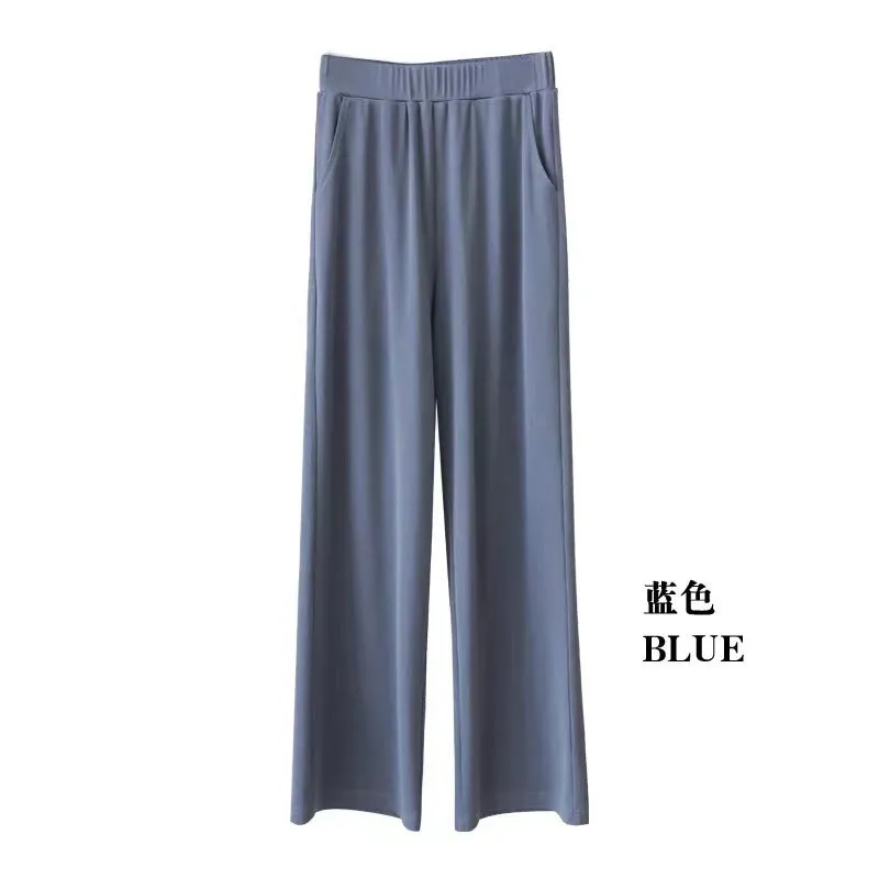 Ice Silk Wide Leg Pants Women Summer High Waist Drape Slim-Look Loose Thin Floor Length Casual Straight Long Pants