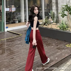 Ice Silk Wide Leg Pants Women Summer High Waist Drape Slim-Look Loose Thin Floor Length Casual Straight Long Pants
