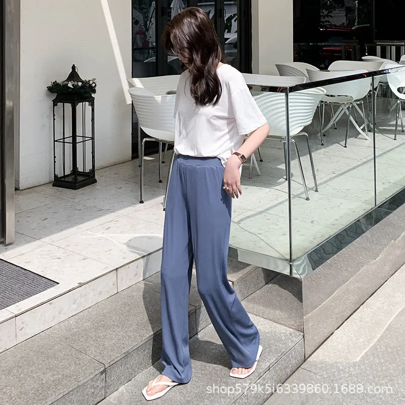 Ice Silk Wide Leg Pants Women Summer High Waist Drape Slim-Look Loose Thin Floor Length Casual Straight Long Pants