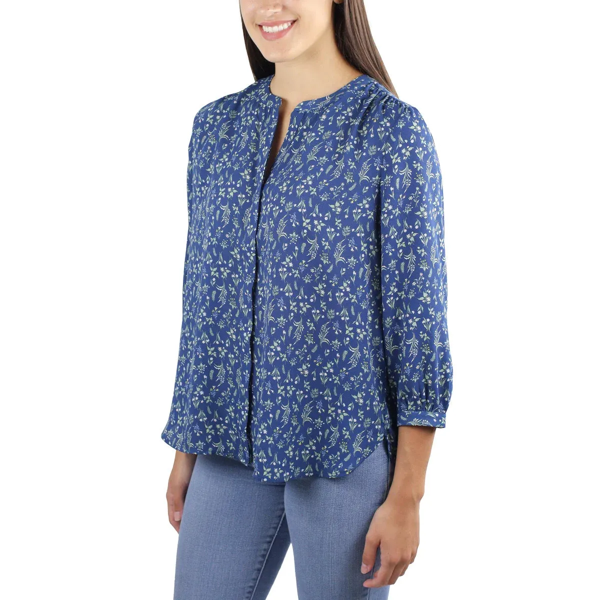 Jachs Girlfriend Women's Floral Print Button Front Top Three Quarter Sleeve Blouse