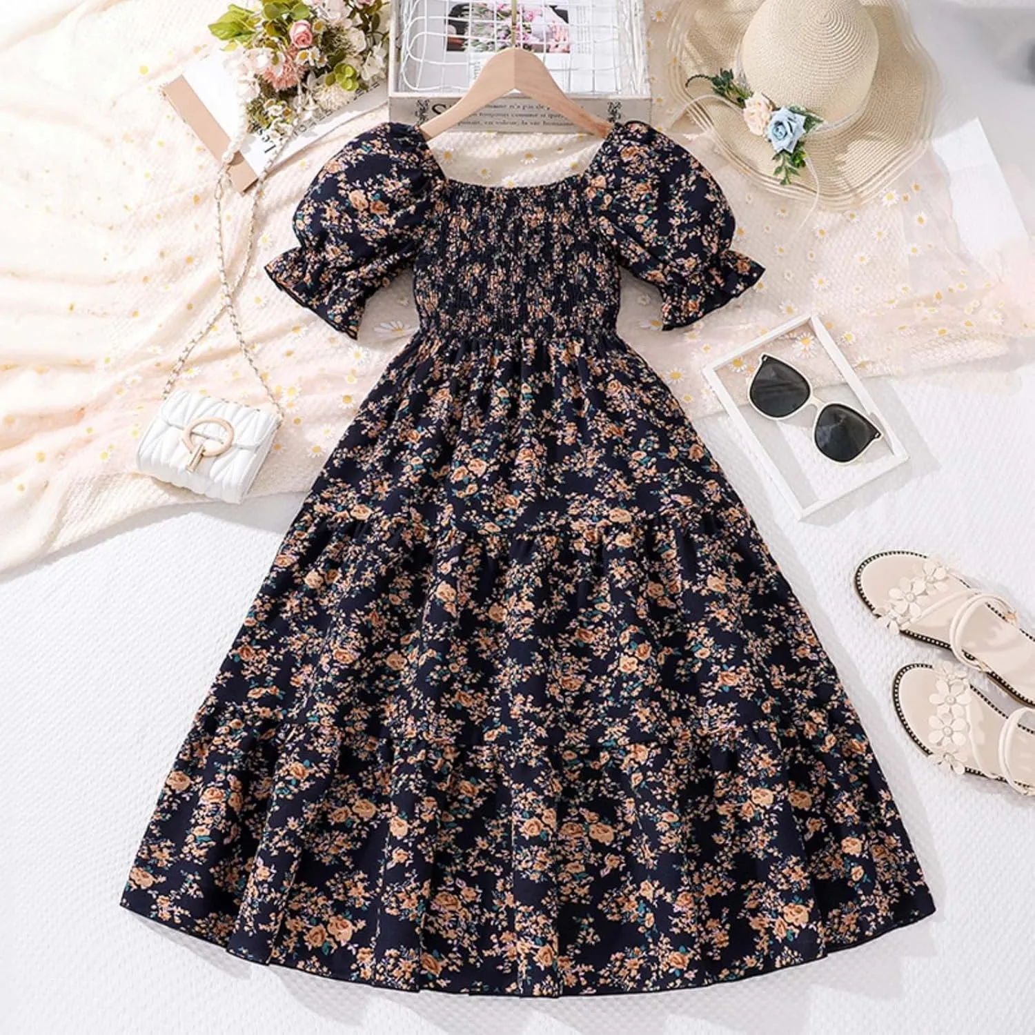 KAGAYD Girls Summer Dresses Square Neck Bubble Sleeve Tie Backless Ruffle A-Line Party Mini Dress