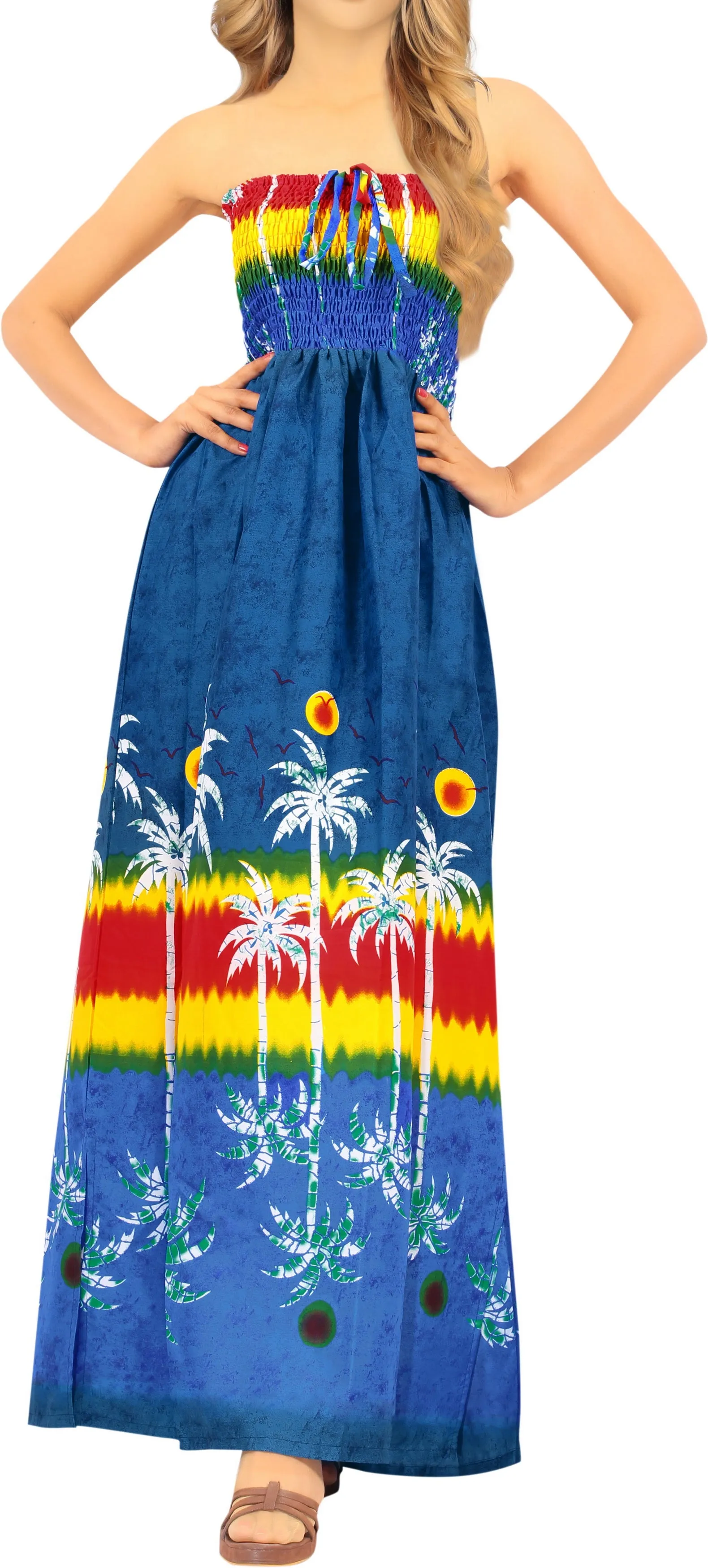 LA LEELA Long Maxi Hawaiian Palm Tree Print Tube Dress For Women Halter Neck Beach Vacation Outfit Ladies Casual Beachwear