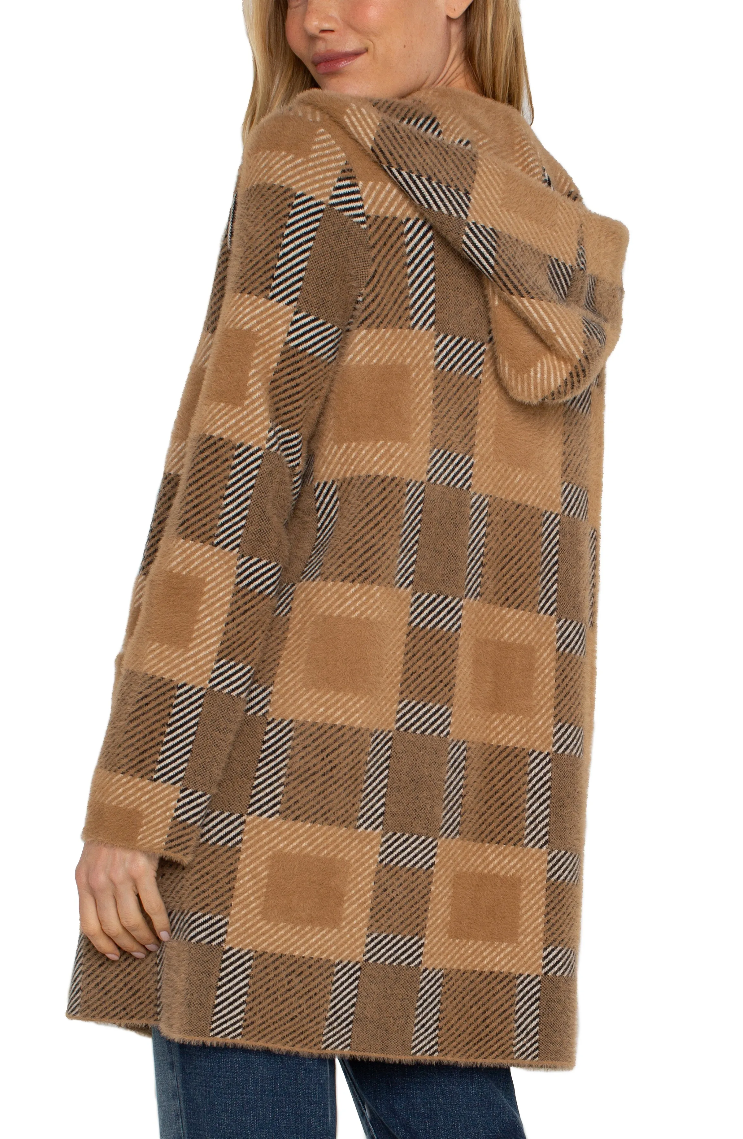 Liverpool Long Sleeve Open Front Sweater Coat w/ Hood (Camel Check)
