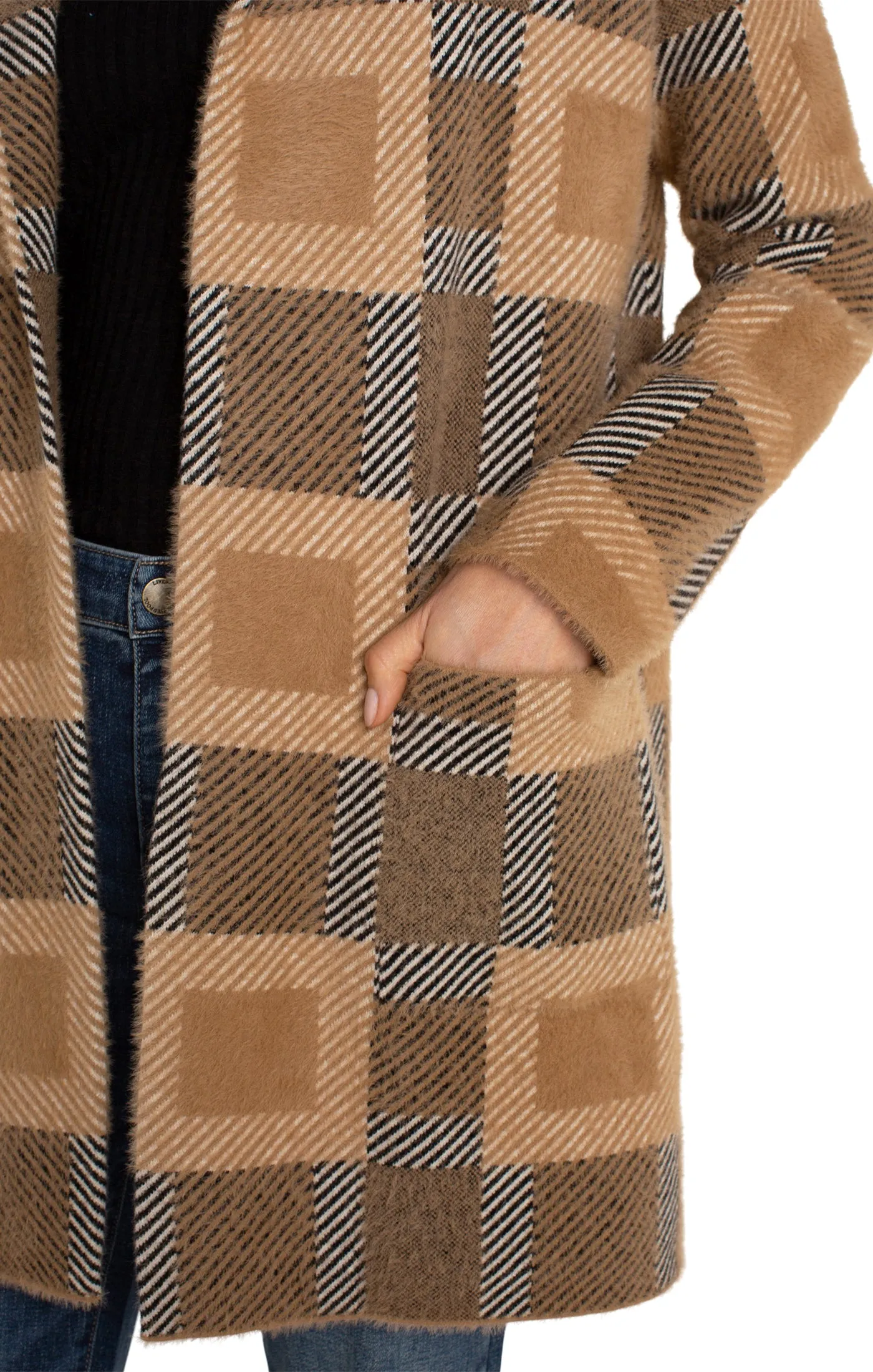 Liverpool Long Sleeve Open Front Sweater Coat w/ Hood (Camel Check)