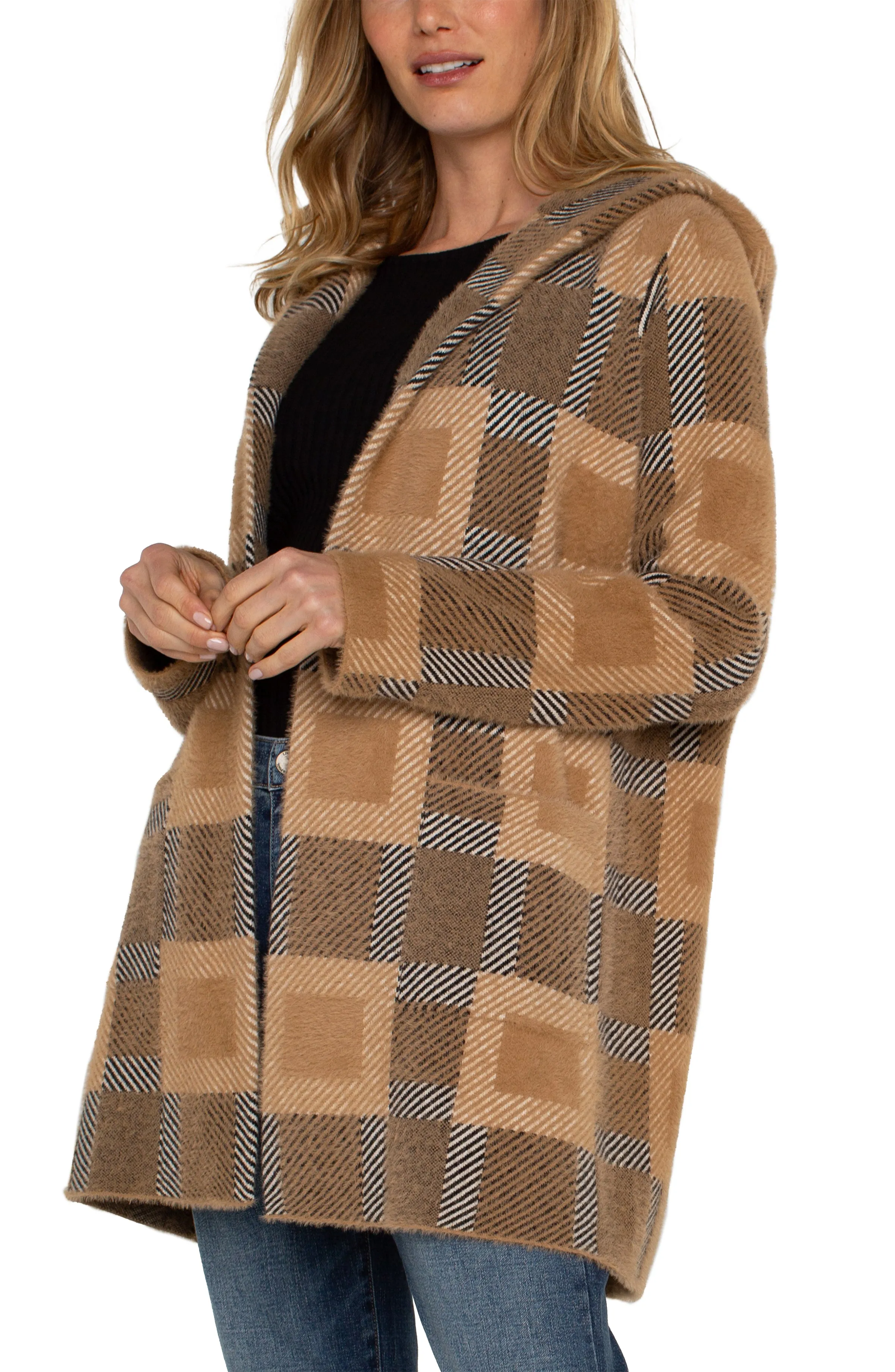Liverpool Long Sleeve Open Front Sweater Coat w/ Hood (Camel Check)