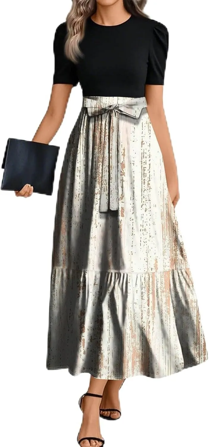 Long Floral Dresses for Women 2025 Elegant Boho Tie Belted Patchwork Waist Short Sleeve Modest Flowy Stripe Maxi Dress