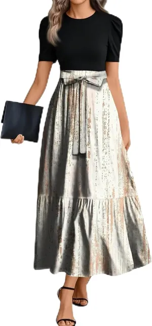 Long Floral Dresses for Women 2025 Elegant Boho Tie Belted Patchwork Waist Short Sleeve Modest Flowy Stripe Maxi Dress